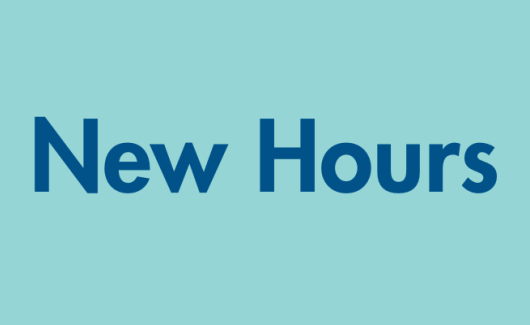 blue graphic with the words new hours 